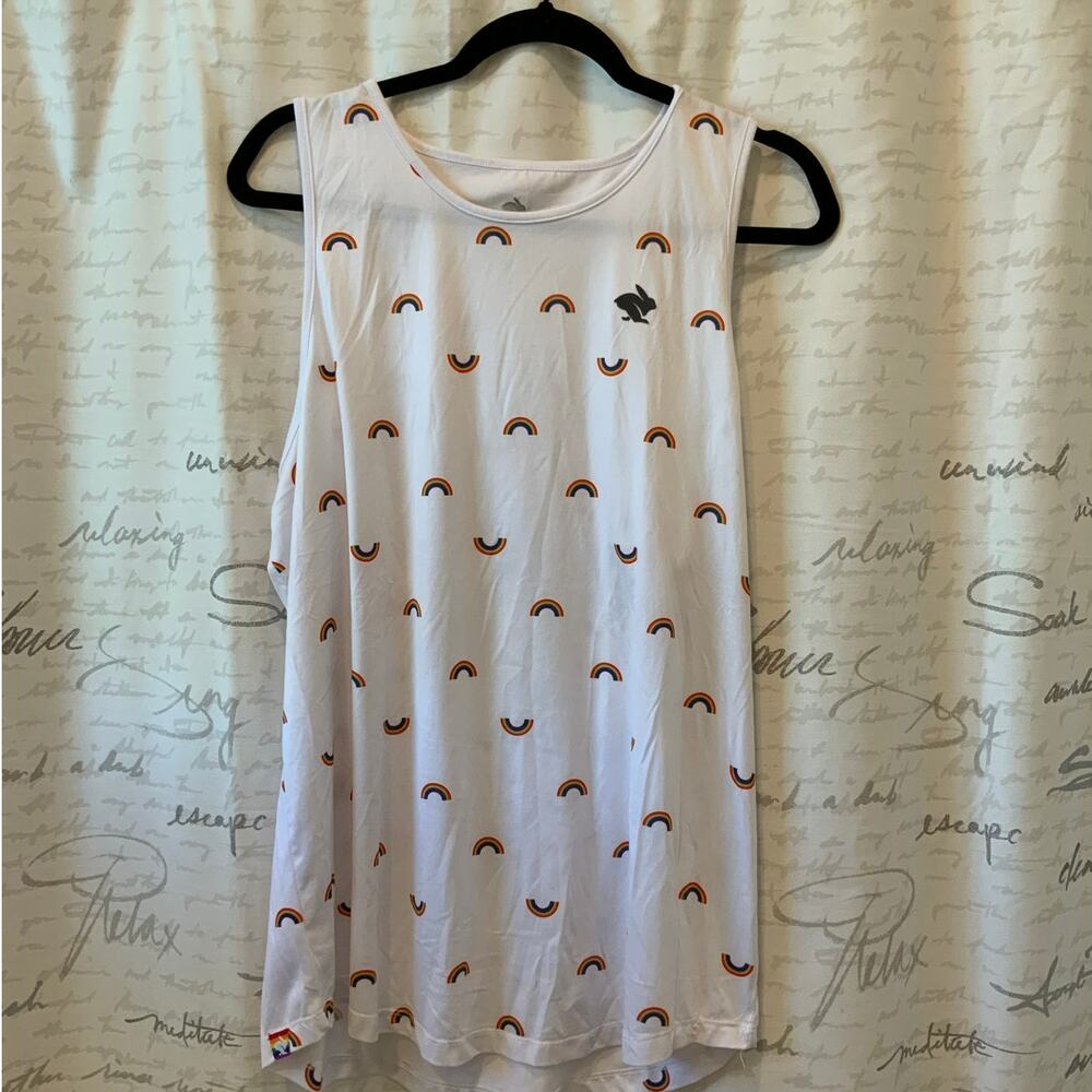 Rabbit For Run Women XL Rainbow Print Performance Running Tank Top White Graphic